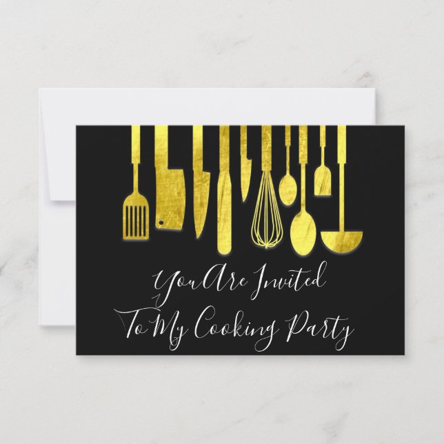 Invitation Cuisinier de fête Chef de cuisine doré Cuisine bla (Devant)