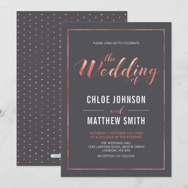 Invitation Cuivre et gris | Mariage de typographie moderne si (Devant / Derrière)