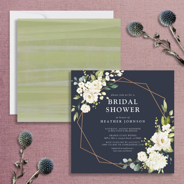 Invitation Cuivre Géométrique Bleu Blanc Floral Carré Douche (Créateur téléchargé)