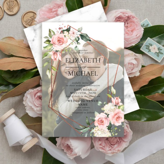 Invitation Cuivre Géométrique Rose Floral Vellum Superpositio (Créateur téléchargé)