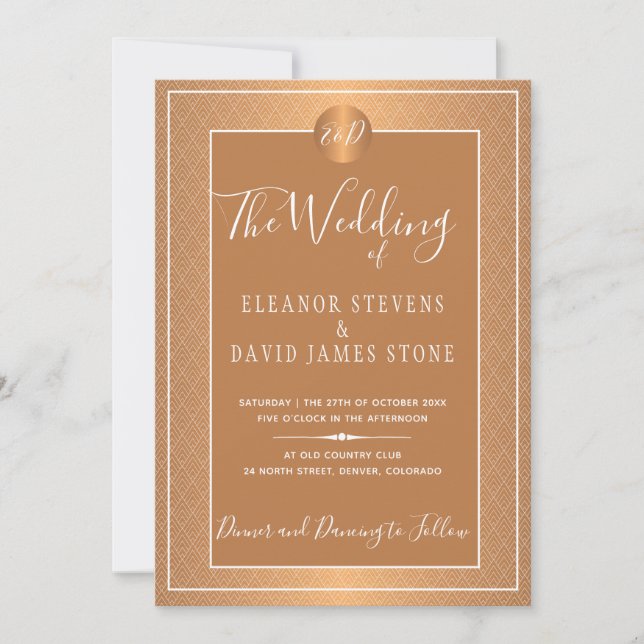 Invitation Cuivre Métalliques Beige Blanc Élégant Monogramme (Devant)