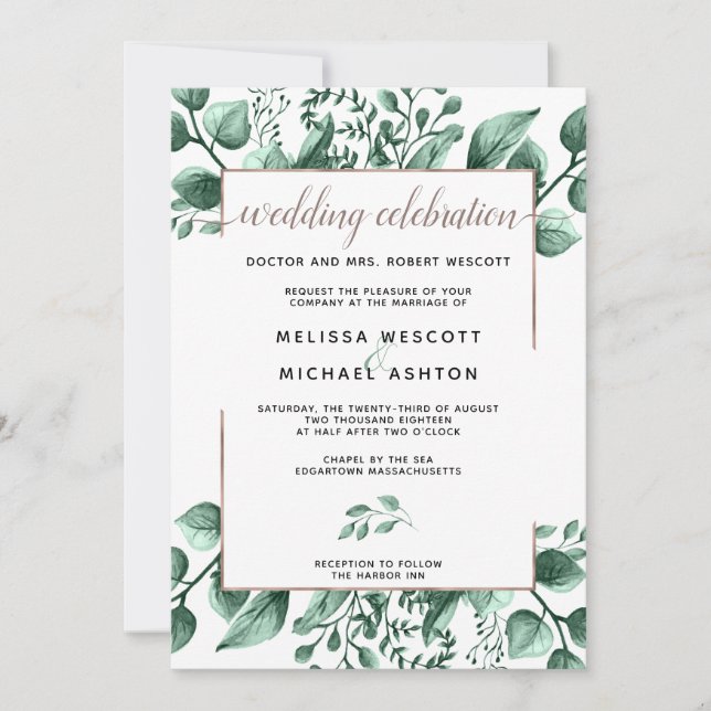 Invitation Cuivre moderne et aquarelle Feuille de verdure (Devant)
