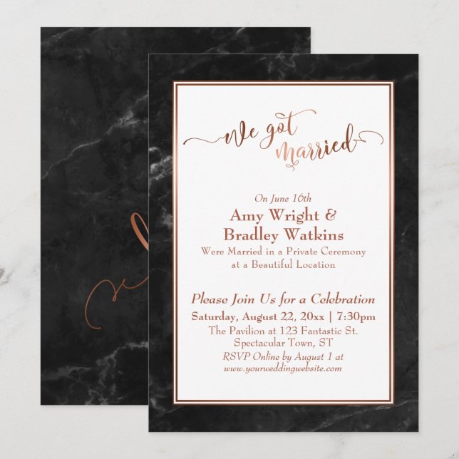 Invitation Cuivre Nous sommes mariés Black Marble Célébration (Devant / Derrière)