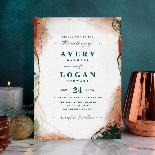 Invitation Cuivre Turquoise moderne et Mariage de automne or  (Teal and Copper Abstract Wedding Invitation)