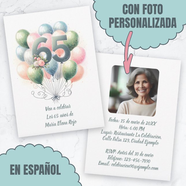 Invitation Cumpleaños de 65 Años Globos Con Foto (Cumpleaños de 65 Años Globos Con Foto Invitation.)