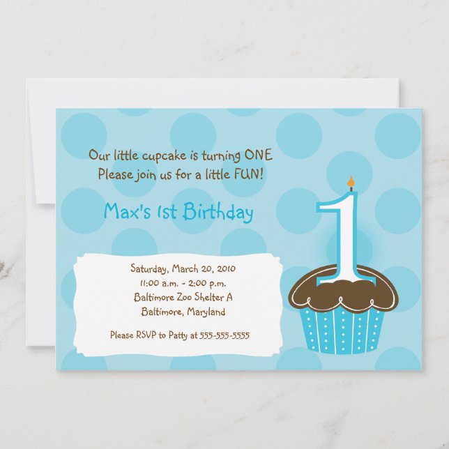 Invitation Cupcake 1er anniversaire point bleu moderne Invita (Devant)