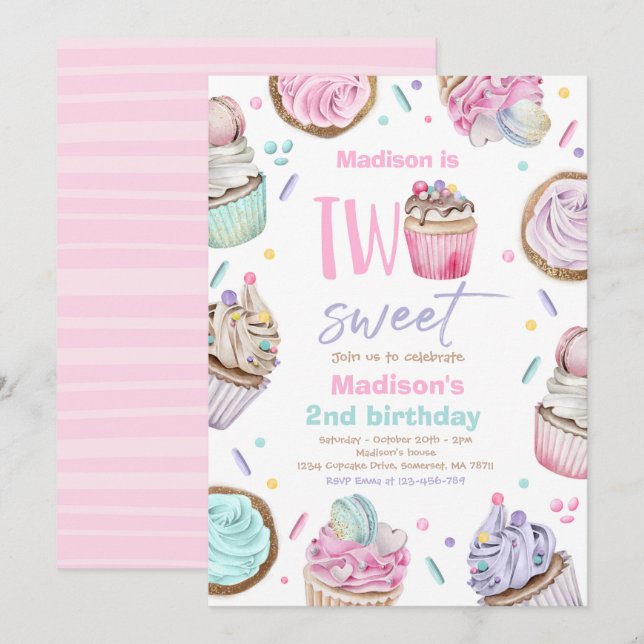 Invitation Cupcake 2e fête d'anniversaire Deux sucreries (Devant / Derrière)