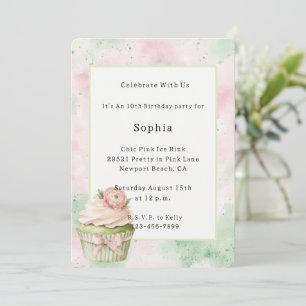 Invitation Cupcake Anniversaire Fleur Abstraite Menthe Rose