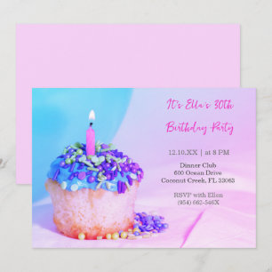 Invitation Cupcake bleu rose coloré 30e anniversaire