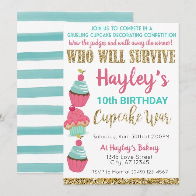 Invitation Cupcake Challenge Baking Pink & Mint Anniversaire (Devant / Derrière)