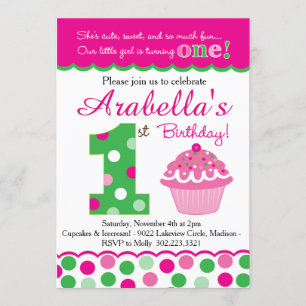 Invitation Cupcake Cutie Pie (rose et vert) Premier anniversa