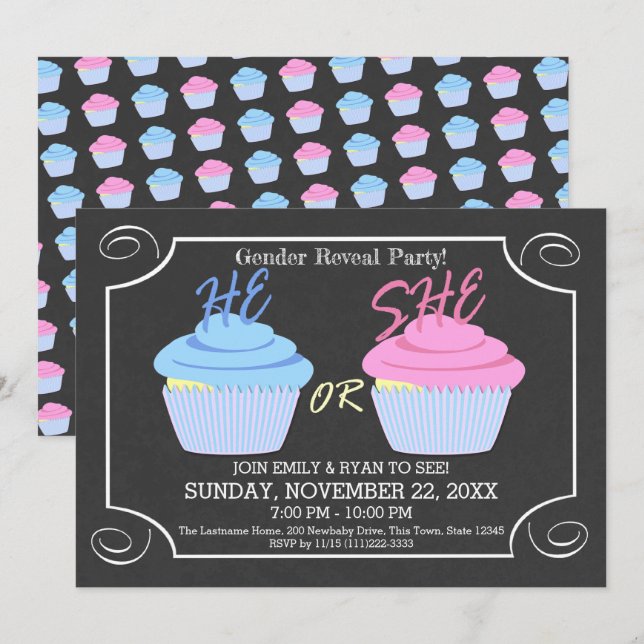 Invitation Cupcake Genre Reveale Party (Devant / Derrière)