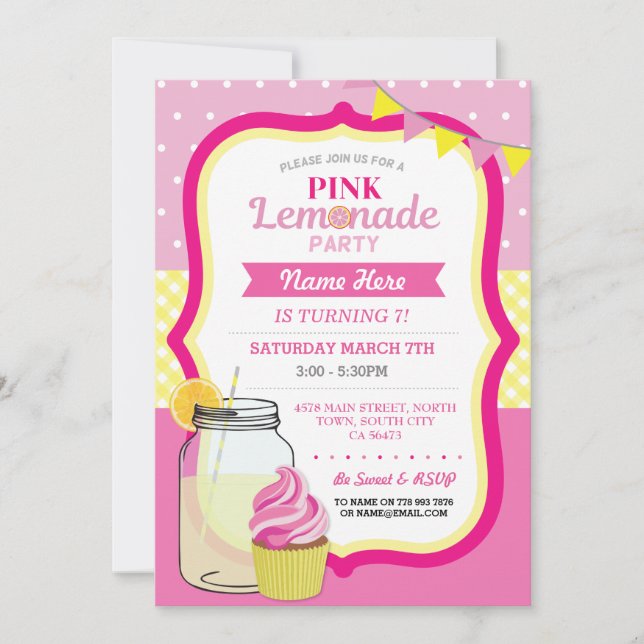Invitation Cupcake Jar, fête d'anniversaire de la limonade ro (Devant)