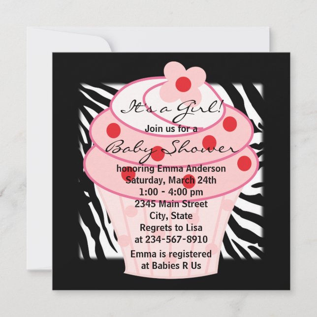 Invitation Cupcake rose Baby shower Zèbre rose (Devant)