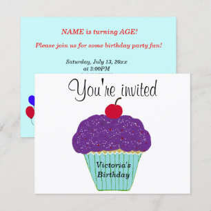 Invitation Cupcake Vanille Glaçage Violet Cerise sur le Dessu