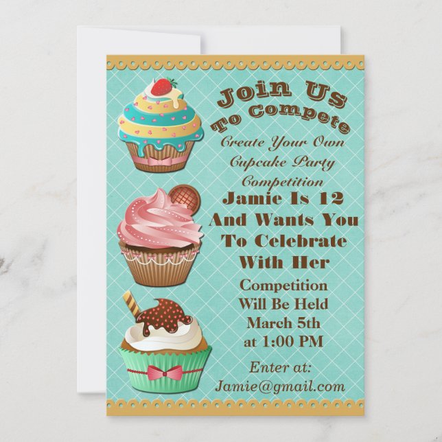 Invitation Cupcake Wars Bake Off Anniversaire Aqua Diamond In (Devant)