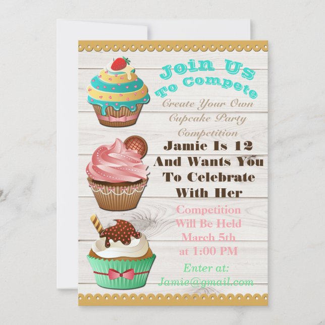 Invitation Cupcake Wars Bake Off Anniversaire Blanc Bois Invi (Devant)