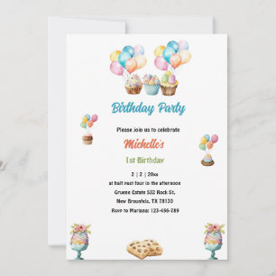 Invitation cupcakes à l'aquarelle 1er anniversaire