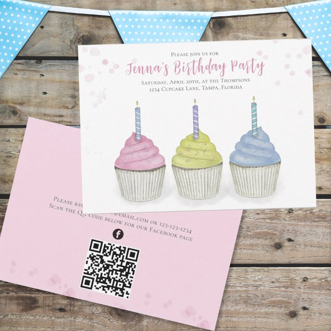 Invitation Cupcakes Aquarelle Cute QR Code Médias sociaux (Créateur téléchargé)