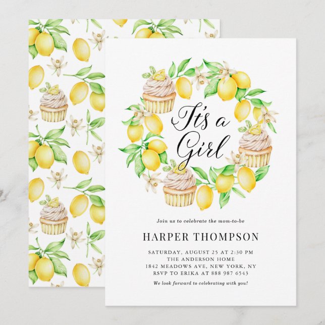 Invitation Cupcakes citron Wreath C'est un Baby shower fille (Devant / Derrière)