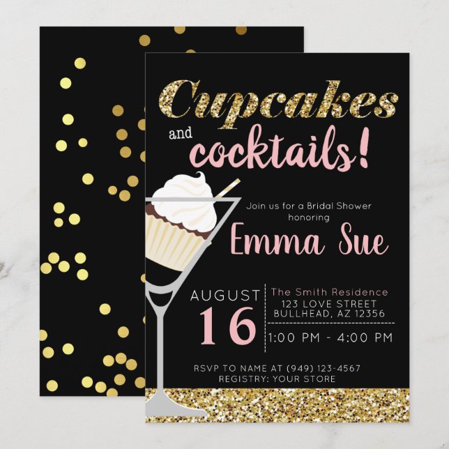 Invitation Cupcakes & Cocktails Black & Gold Bridal shower (Devant / Derrière)