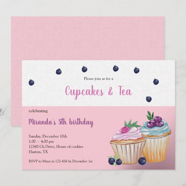 Invitation Cupcakes Et Thé Anniversaire Paty (Devant / Derrière)