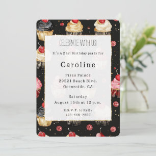 Invitation Cupcakes Noir Blanc Or Cerise sur le Top Anniversa