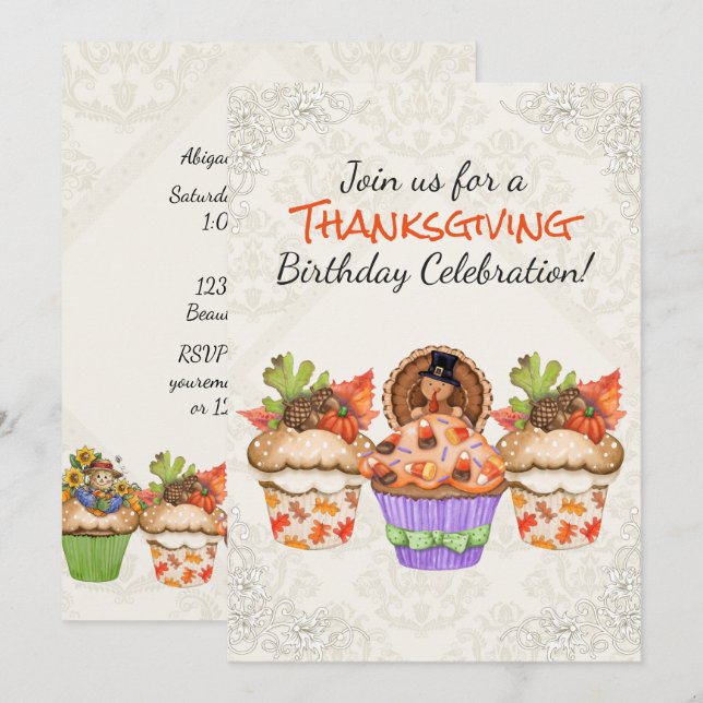 Invitation Cupcakes Thanksgiving mignon Anniversaire (Devant / Derrière)