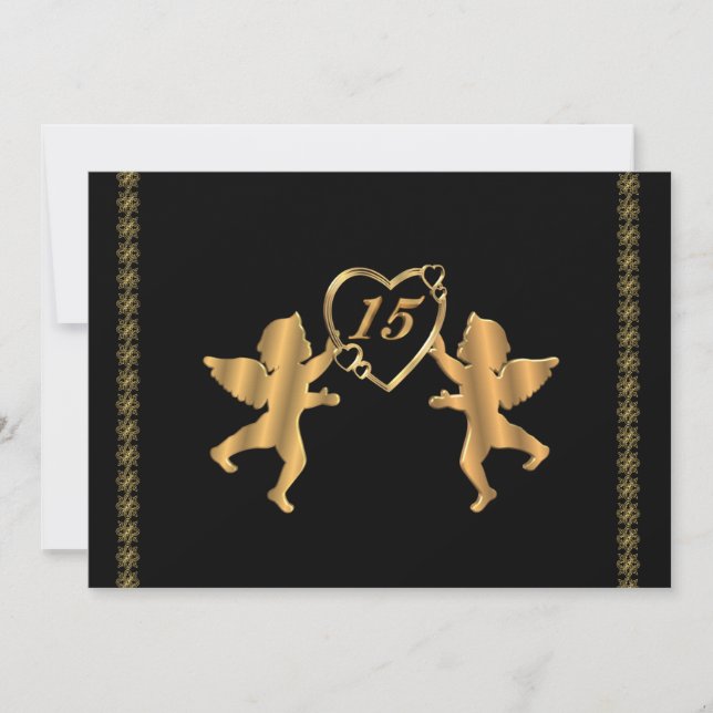 Invitation Cupides Quinceanera pour 15e anniversaire en noir (Devant)