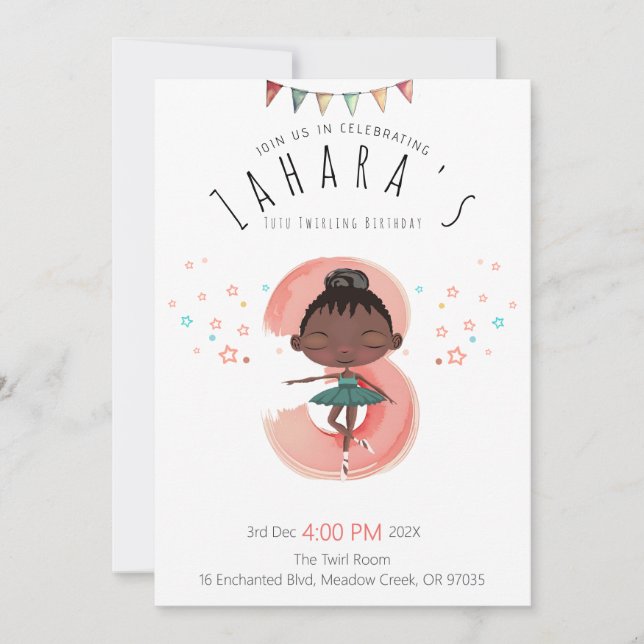 Invitation Curly Ballerina 3e anniversaire Black Girl (Devant)