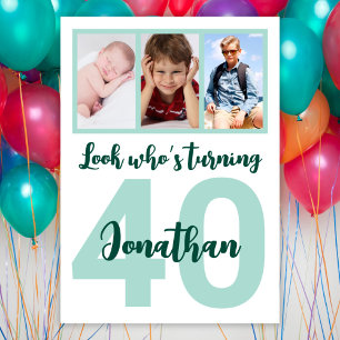 Invitation Custom 40th Birthday Green Script Photo Collage