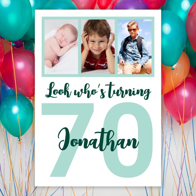 Invitation Custom 70th Birthday Green Script Photo Collage (Créateur téléchargé)