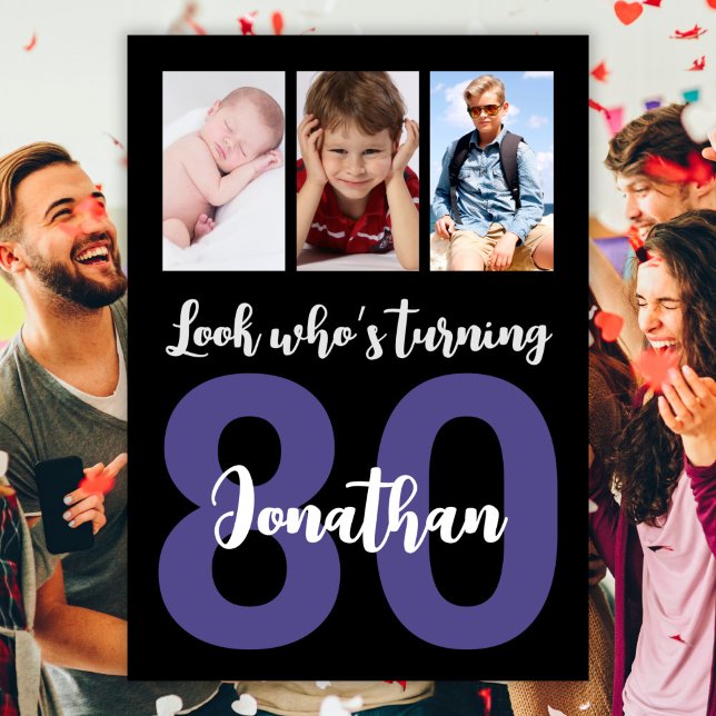 Invitation Custom 80th Birthday Black Modern Photo Collage (Créateur téléchargé)