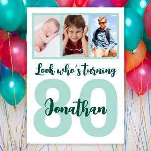 Invitation Custom 80th Birthday Green Script Photo Collage