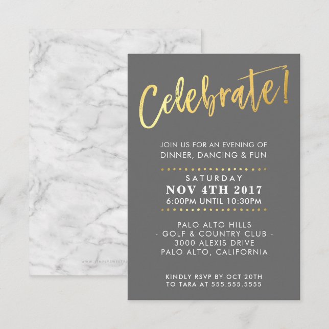 Invitation CUSTOM Bar Mitzvah boîtier partie gris + or (Devant / Derrière)