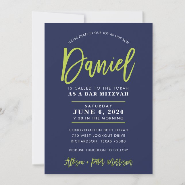 Invitation CUSTOM Bar Mitzvah marine moderne + chaux DANIEL (Devant)