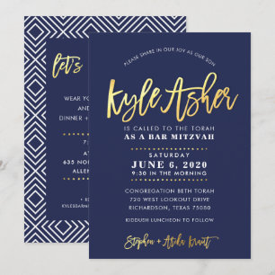 Invitation CUSTOM Bar Mitzvah marine moderne + nom d'or KYLE