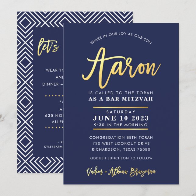 Invitation CUSTOM Bar Mitzvah marine moderne + nom or AARON (Devant / Derrière)