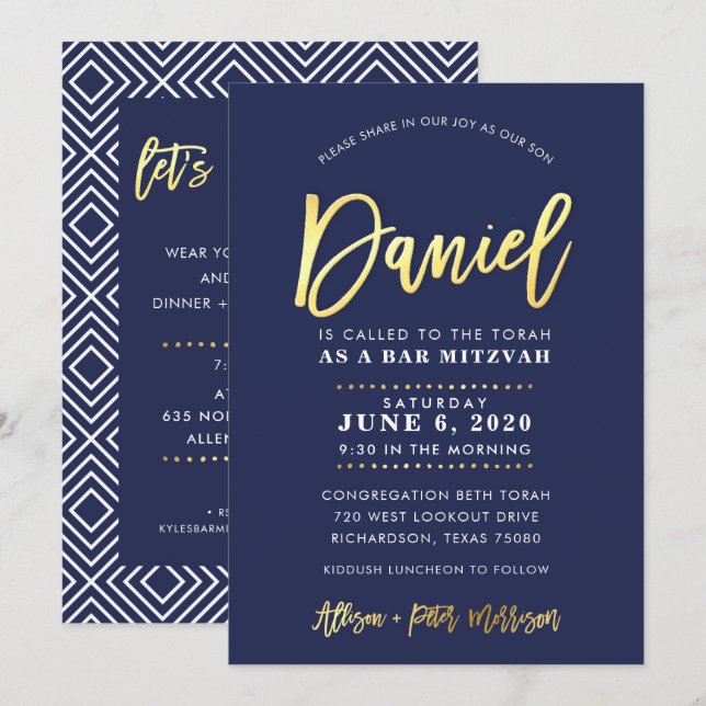 Invitation CUSTOM Bar Mitzvah marine moderne + nom or DANIEL (Devant / Derrière)