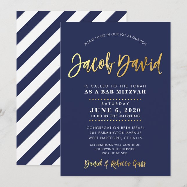 Invitation CUSTOM Bar Mitzvah marine moderne + nom or JACOB (Devant / Derrière)