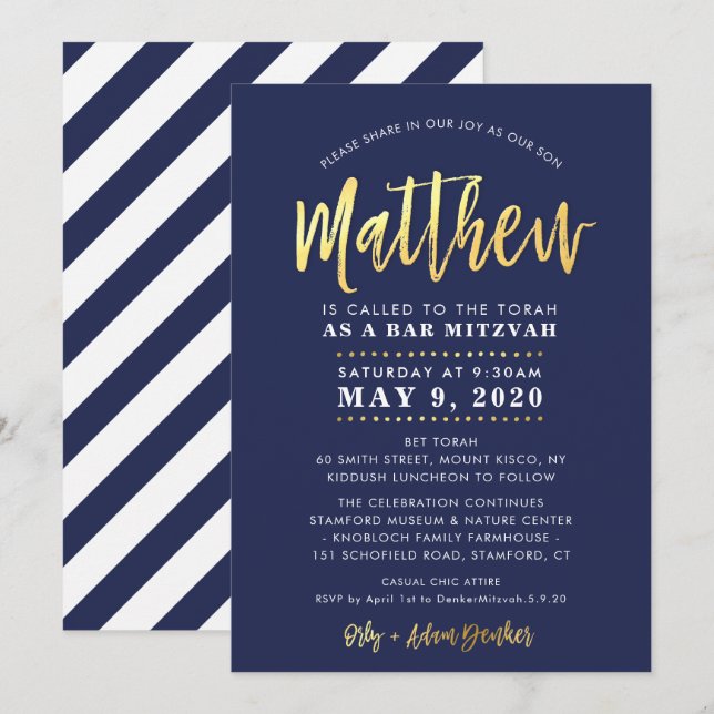 Invitation CUSTOM Bar Mitzvah marine moderne + nom or MATTHEW (Devant / Derrière)