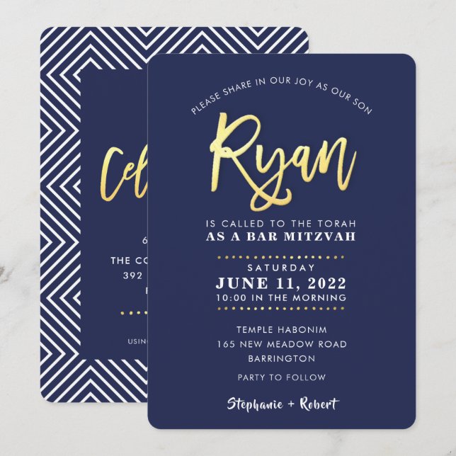 Invitation CUSTOM Bar Mitzvah marine moderne + nom or RYAN In (Devant / Derrière)