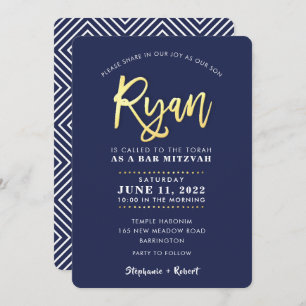 Invitation CUSTOM Bar Mitzvah marine moderne + nom or RYAN In