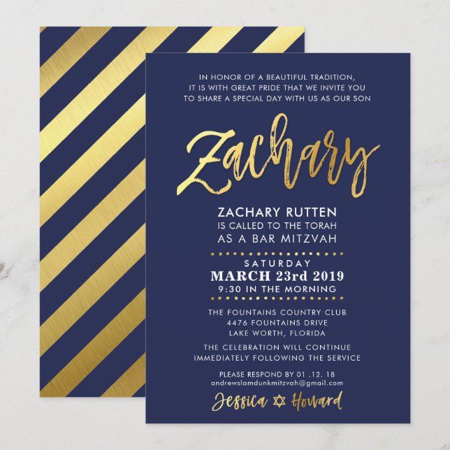 Invitation CUSTOM Bar Mitzvah marine moderne + or ZACHARY (Devant / Derrière)