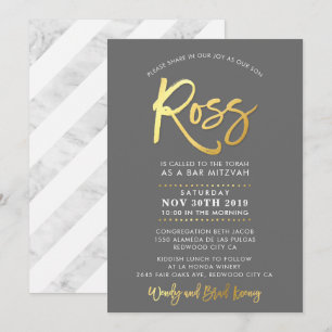 Invitation CUSTOM Bar Mitzvah moderne gris + or ROSS
