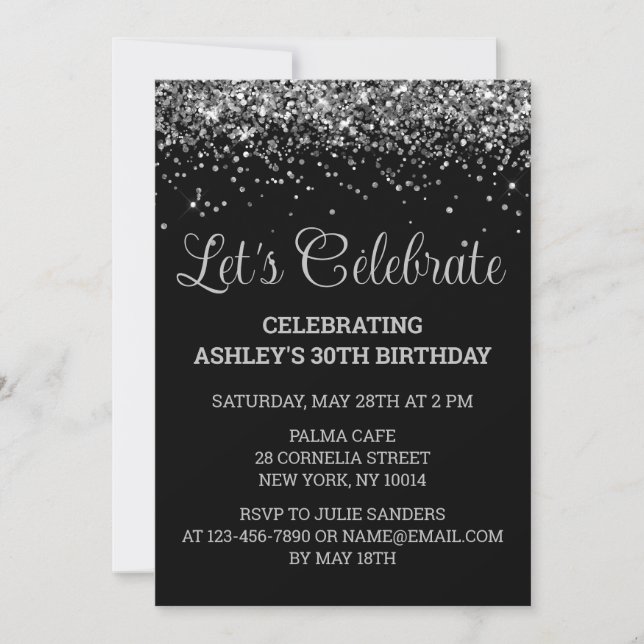 Invitation Custom Black & Silver Glitter 30th Birthday Party (Devant)