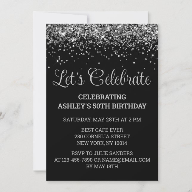 Invitation Custom Black & Silver Glitter 50th Birthday Party (Devant)