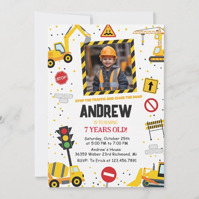 Invitation Custom Construction Birthday Party with Image (Devant)