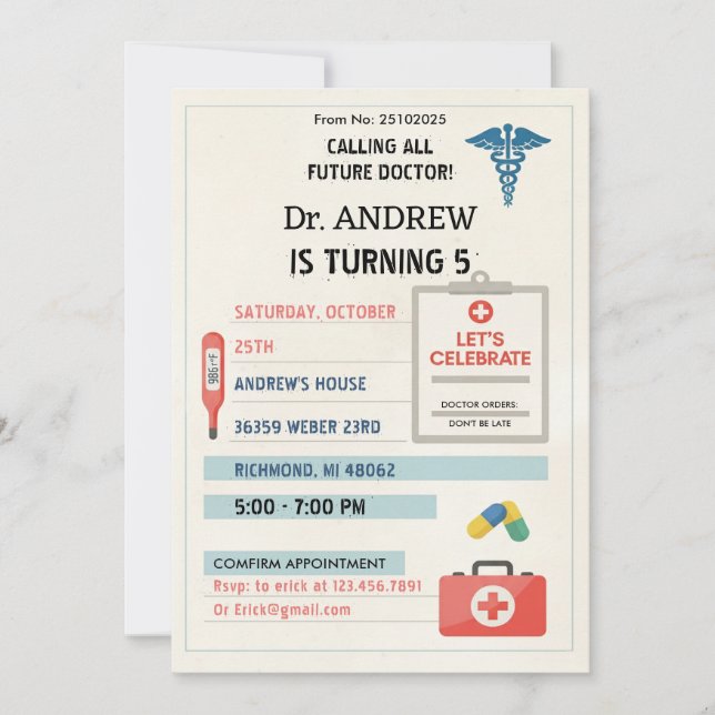 Invitation Custom Digital Doctor Kids Pretend Birthday Party (Devant)