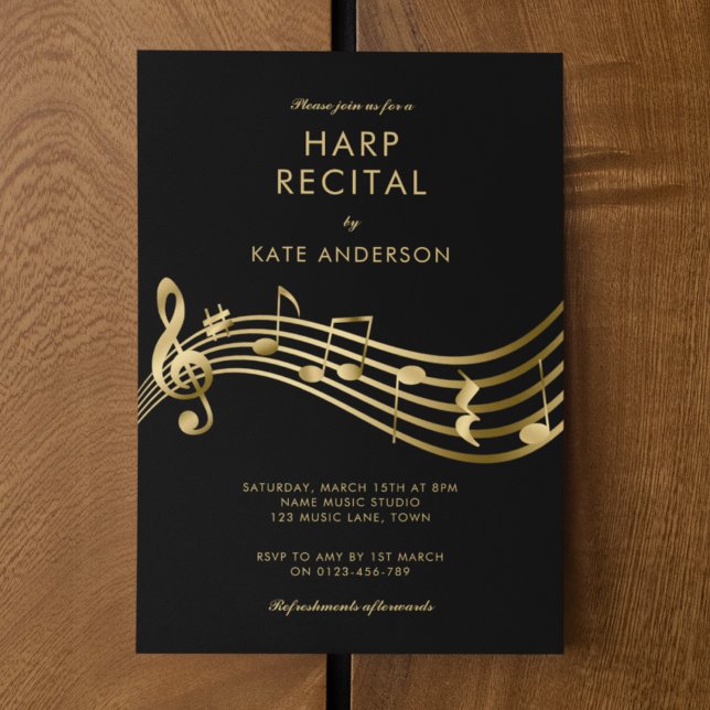 Invitation Custom Harp Considérant Gold Music Notes Noir (Créateur téléchargé)